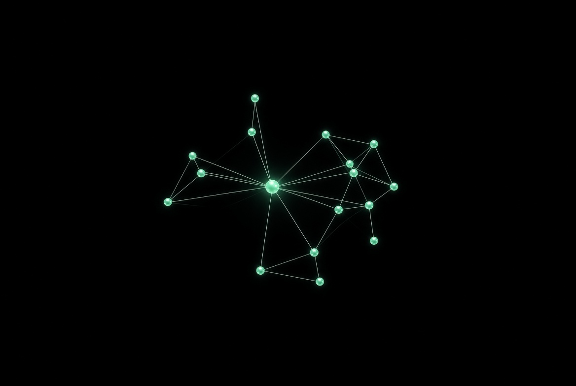 A bright hub node with counterparties connected by thin edges on black